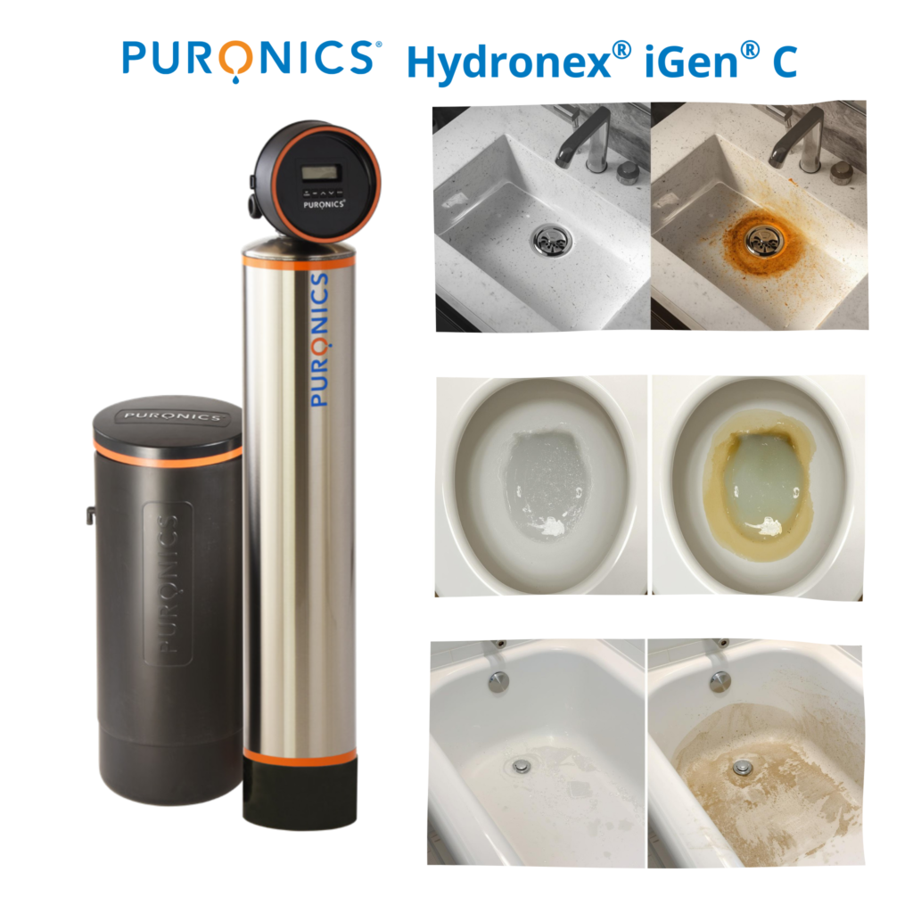 “Puronics Hydronex iGen C water treatment system with before‑and‑after images showing how treated water prevents stains in sinks, toilets, and bathtubs.”