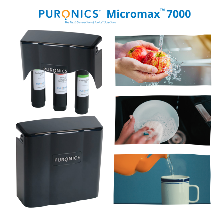 “Puronics Micromax 7000 water filtration system with examples of purified water used for rinsing produce, washing dishes, and making beverages.”
