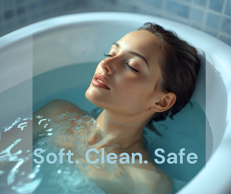 “Person relaxing in a bathtub filled with clear water in a clean, blue‑tiled bathroom.”